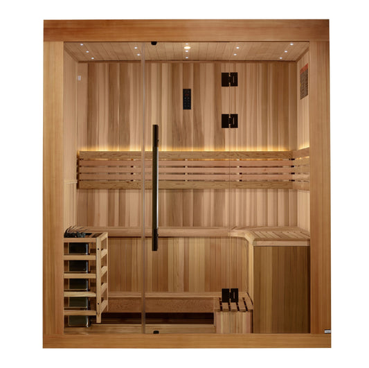 Golden Designs 2025 Copenhagen Edition 3 Person Traditional Sauna - Canadian Red Cedar Interior and Pacific Premium Clear Cedar Exterior