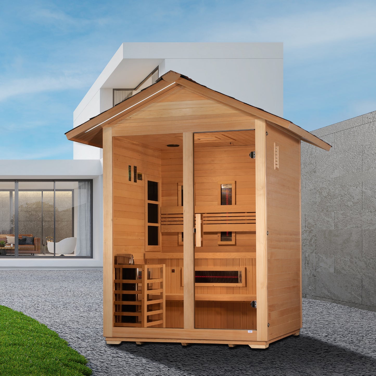Golden Designs "Carinthia" 3 Person Hybrid (PureTech™ Full Spectrum IR or Traditional Stove) Flat Roof Outdoor Sauna (GDI-8023-01)